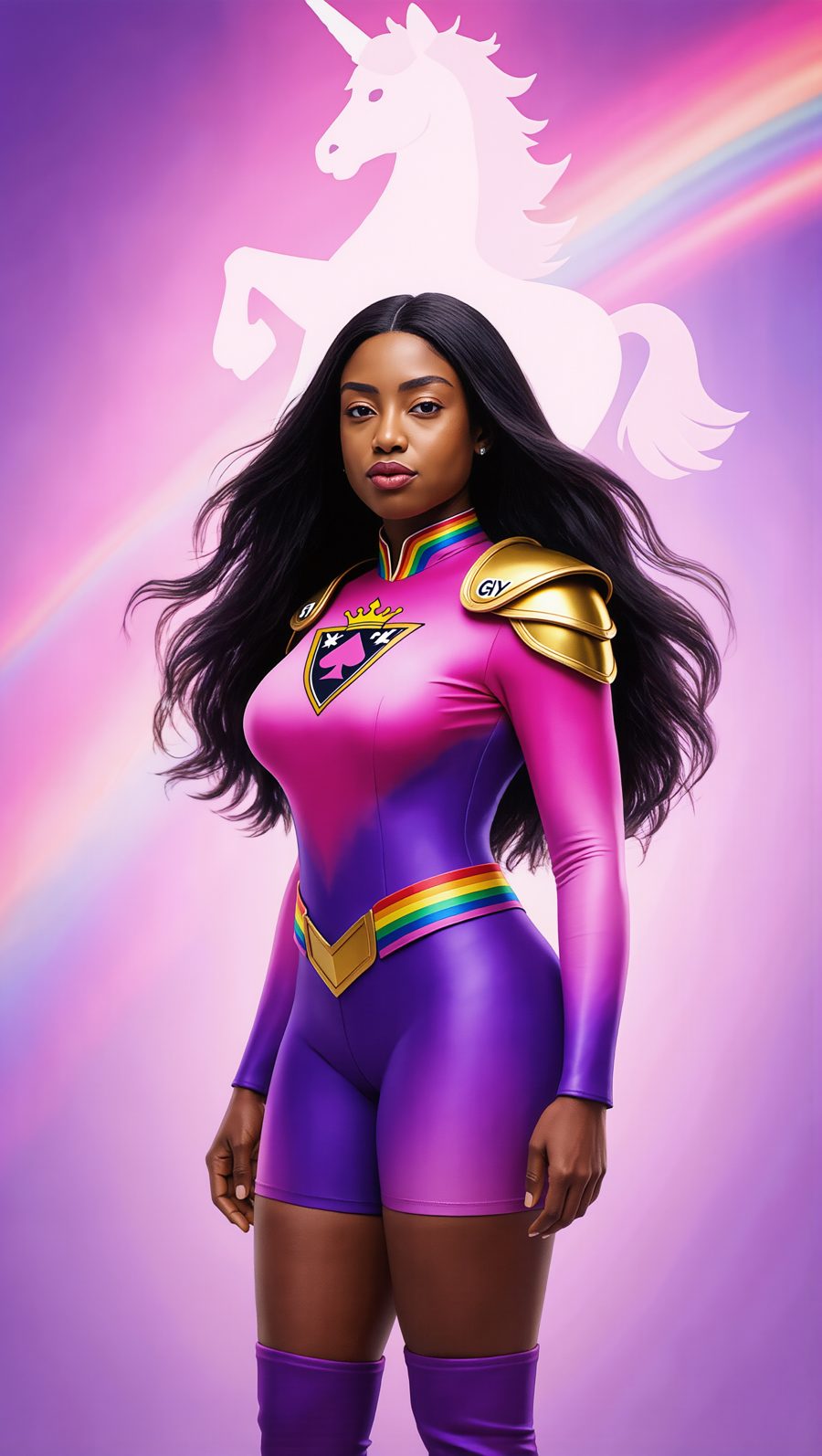 Queen of Ace — Brite hero look, unicorn crest behind her