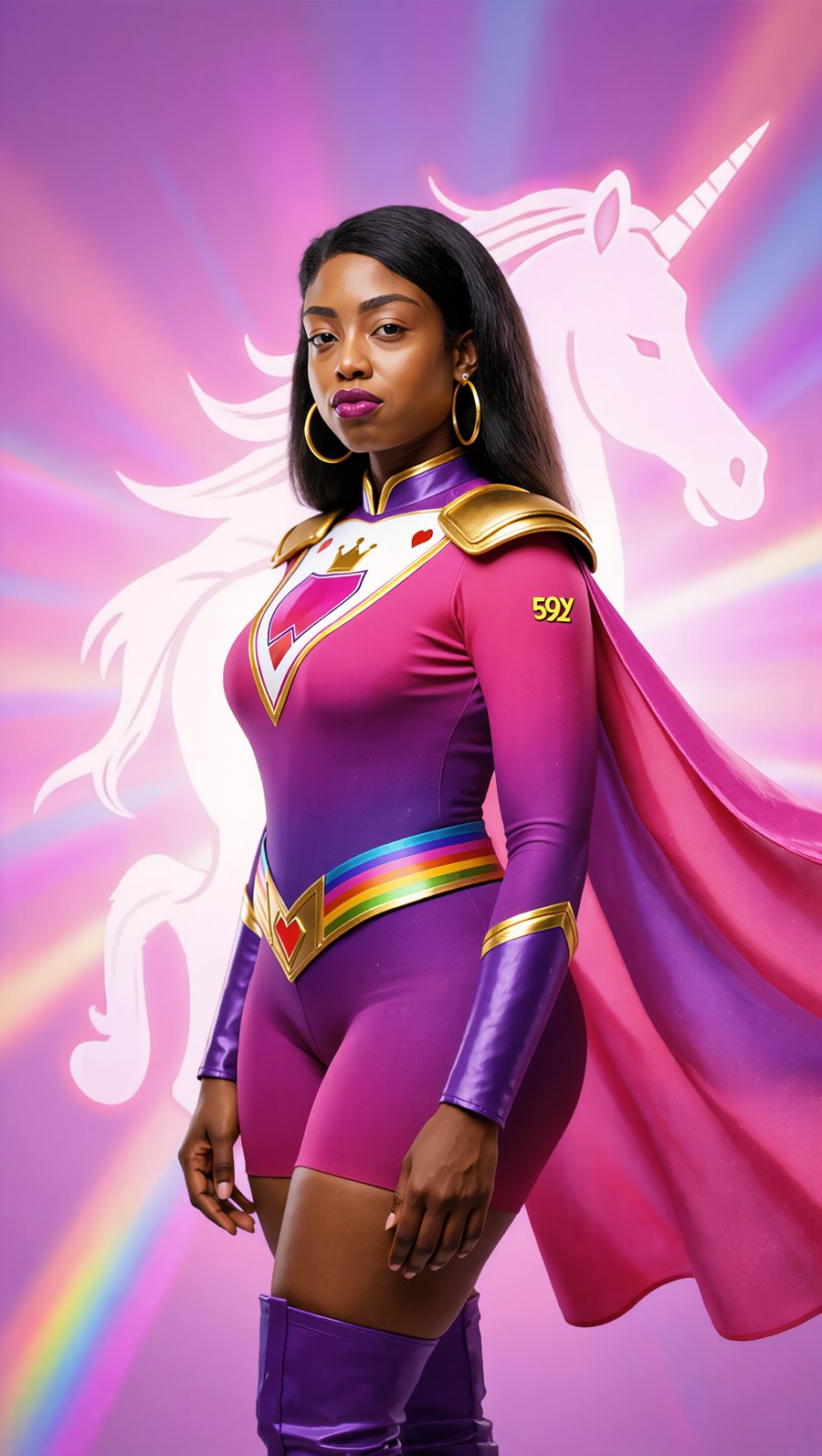 Queen of Ace — Brite hero with pink cape flowing, unicorn and rainbow
