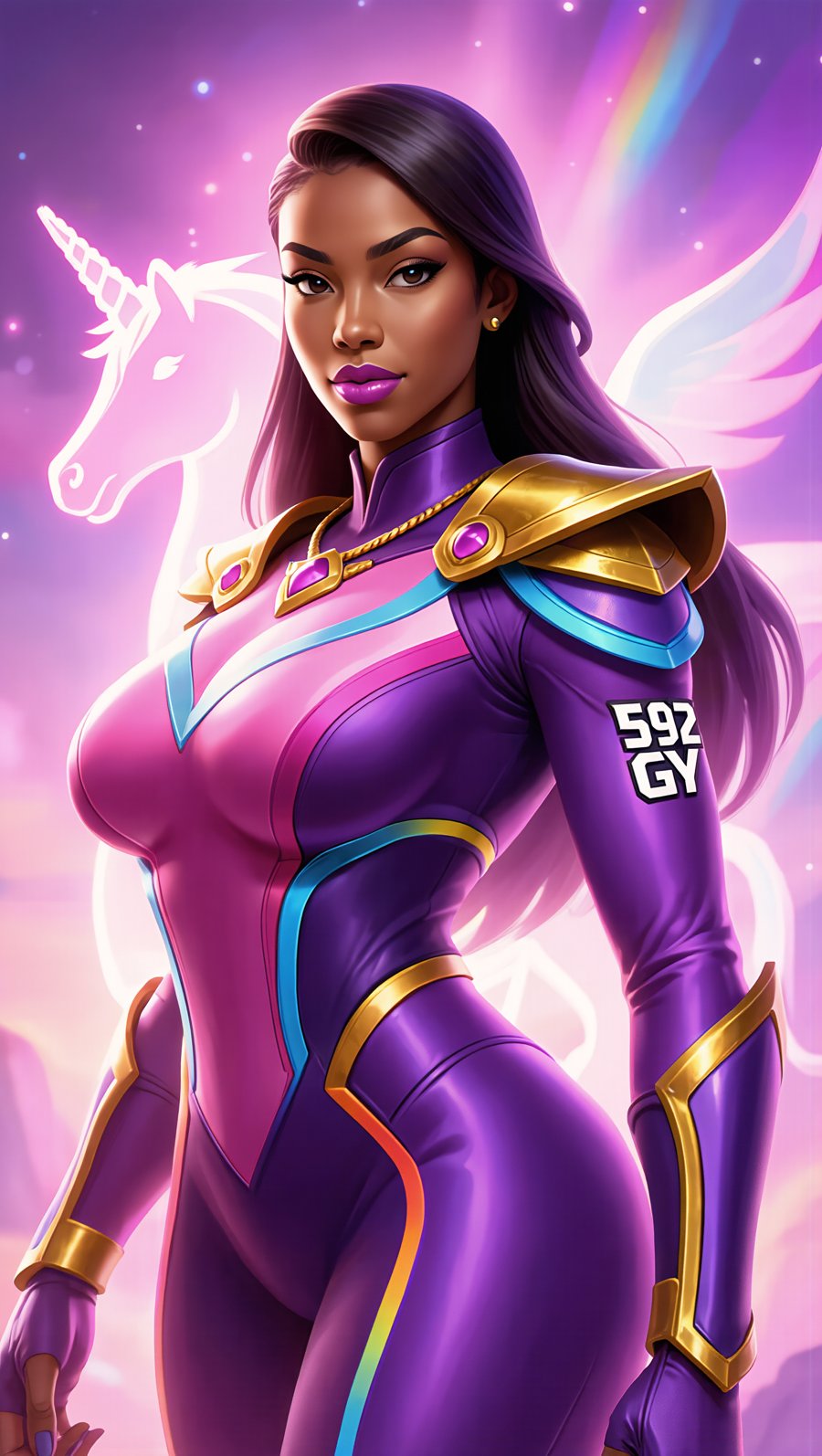 Queen of Ace — stylised close-up, gold shoulder armour, 592GY sleeve